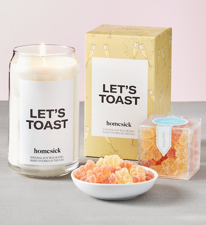 Let’s Toast Candle by Homesick With Sugarfina Gummies 